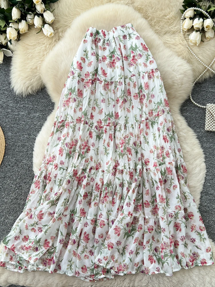 

Ретро-юбка А-силуэта с корейским цветочным принтом, женская, с завышенной талией, облегающая, весенняя новинка, для города, стандартный крой, полиэстер