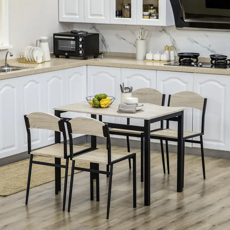 Conjunto de Comedor con Mesa Rectangular y 4 Sillas 100x63 cm, Mesa de Cocina Moderna con Estructura de Acero y Tablero de MDF, Mueble de Salón para Espacios Reducidos, Color Roble y Negro