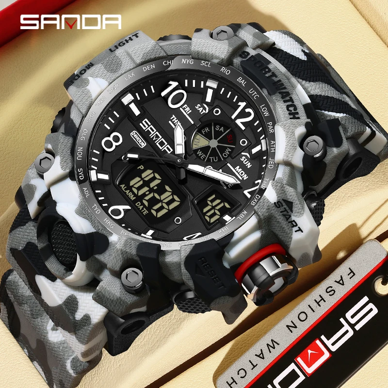 SANDA 3358 Outdoor Electron Male Wristwatch Display Quartz Men Clock Sports Military Mens Watch Camouflage LED Digital Watch