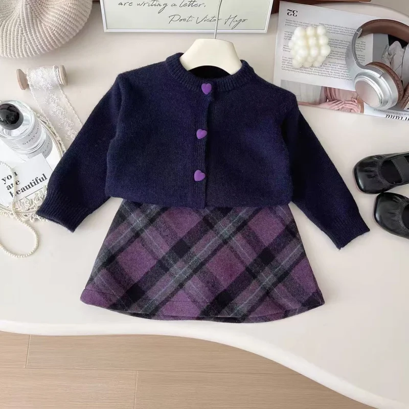

Girls Spring and Autumn Sweater Jacket Set Western Style Knitted Cardigan Plaid Half Skirt Two Piece Set65191