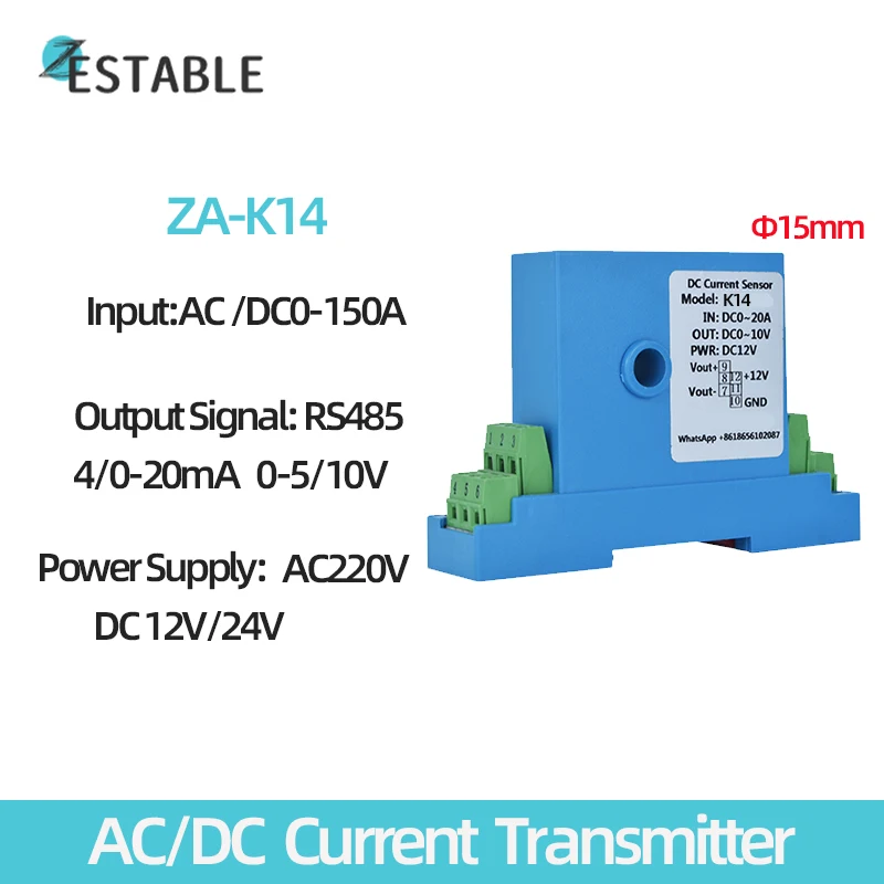 Hall Current Transmitter ZA-K14 AC DC 5A 10A 50A 150A 15mm 4-20mA 0-10V Output DC24V Power Supply Current Sensor