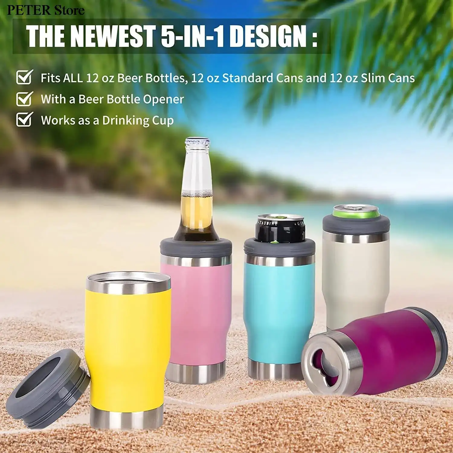 

5 in 1 Stainless Steel Insulated Beer Opener Cooler 14oz Thermos Coffee Mug Insulated Holder With 2 Lid Water Bottle Thermal Cup