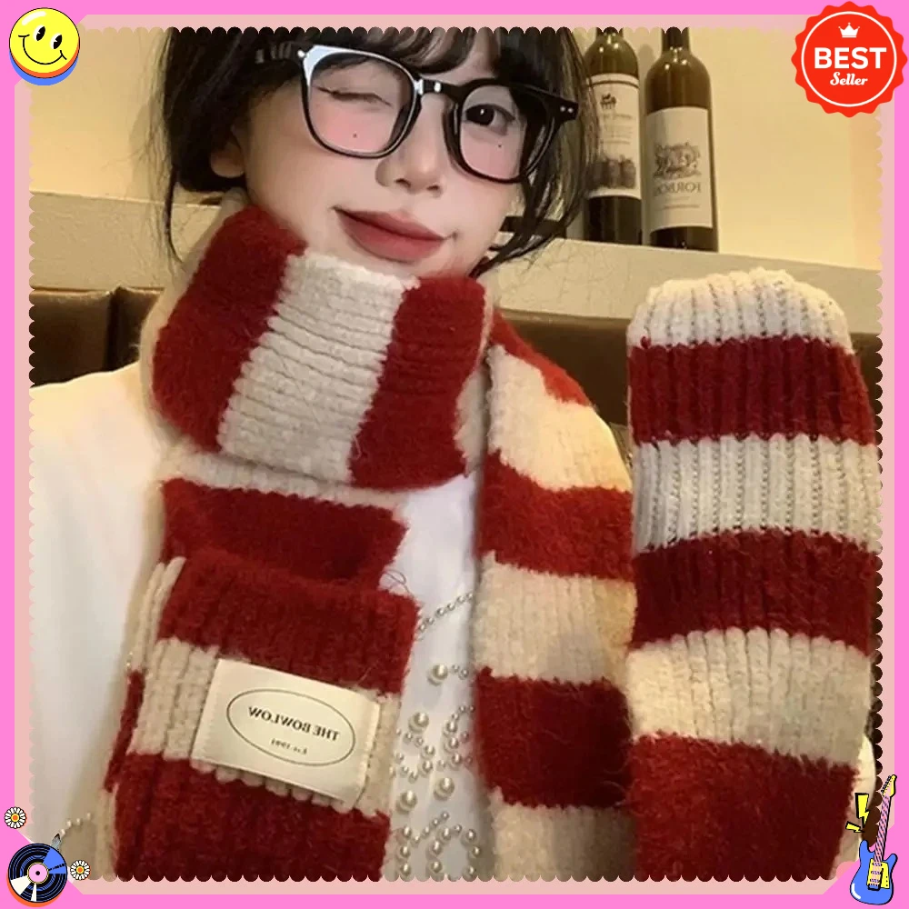 High-quality striped soft wool knitted scarf,Korean-style winter scarf, warm and cold-proof shawl,simple cashmere neck accessory