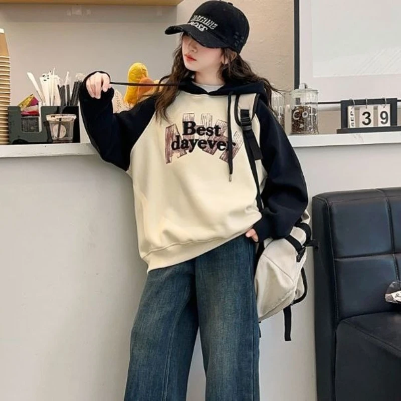 Girls Hoodie Autumn Winter Fleece Sweatshirt Colorblock Long Sleeve Coat Kids Fashion Outerwear