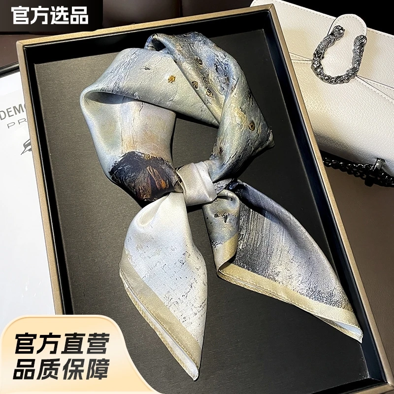 

Gift Box Silk Scarf Small Square Scarf70cmHigh-end Gift Mulberry Silk Scarf Spring and Autumn Back View Girl Small Scarf to Matc