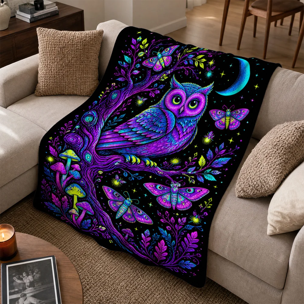 Whimsical Magical Owl Butterfly Throw Blanket Decorative Cottagecore Forest Art Sofa Cover Bohemian Gift
