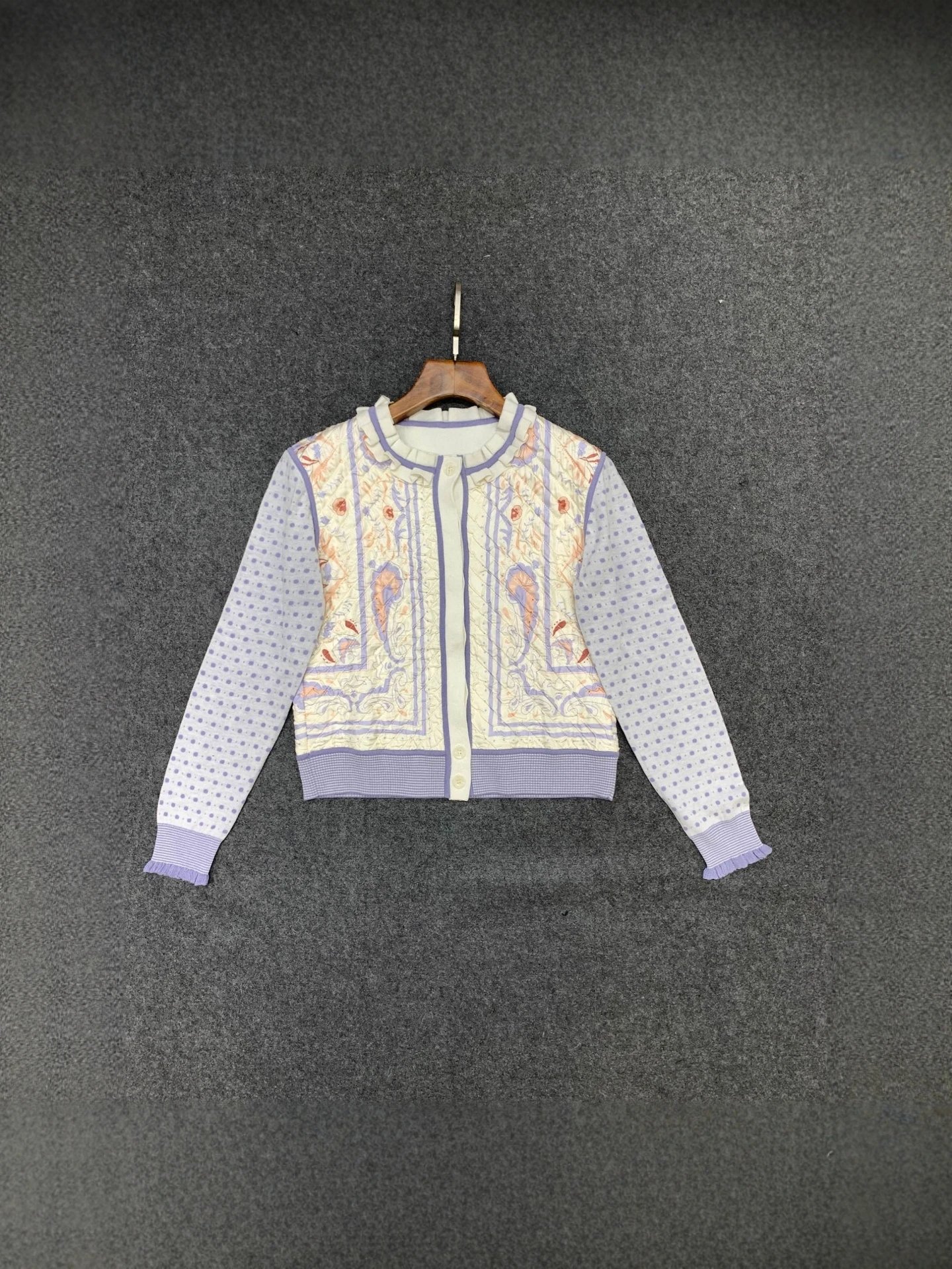 

Silk Printed Patchwork Lotus Collar Deriving Stitching Jaet Coat Women's Loose Fit Long Sve Breathable Regular Length