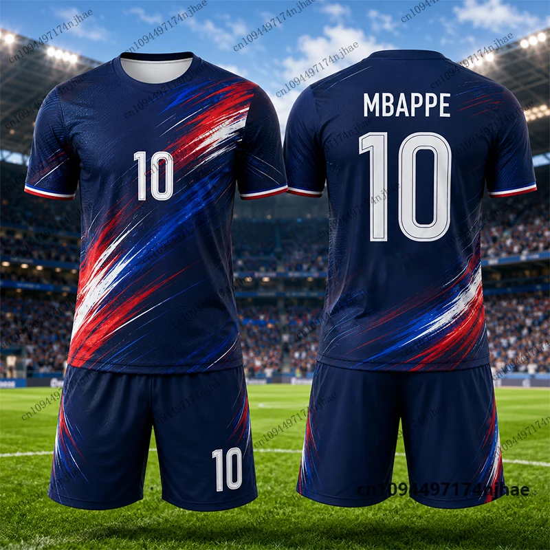 Kinder-Trainingsanzug Fußballtrikot Mbappe Nr. 10 Bedrucktes T-Shirt+Shorts Set Frankreich Fan-Outfit Sportbekleidung Kinder/Erwachsene 2-Teiliges Set – Detail 4
