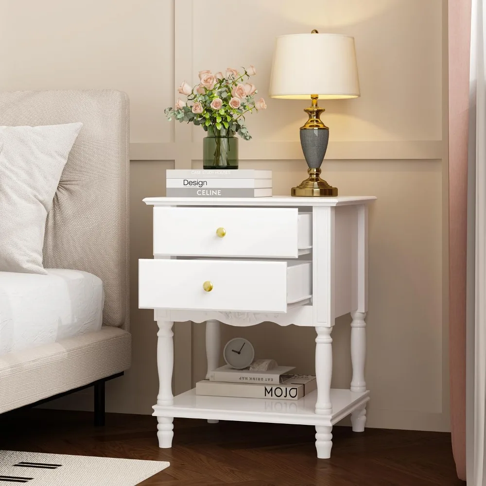 

Accent Nightstand with 2 Drawers, Shelf & Carve Pattern, Modern Wooden Night Stand Bedside Table, Versatile Sofa End Bed Side Ta