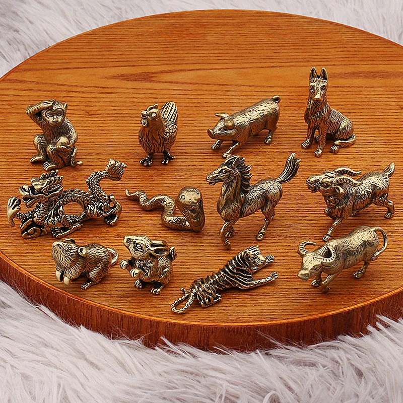 Brass Zodiac Antique Miniature Animal Ornaments Figurines Vintage Brass Metal Mini Home Feng Shui Decor Ornament Crafts