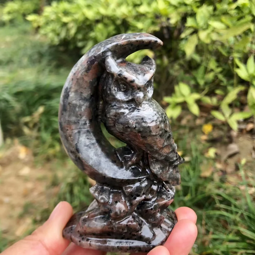 10cm Natural Crystal Quartz Yooperlite Moon Owl Carving Statue Reiki Healing Gothic Glow Stone Sculpture Decor Gift