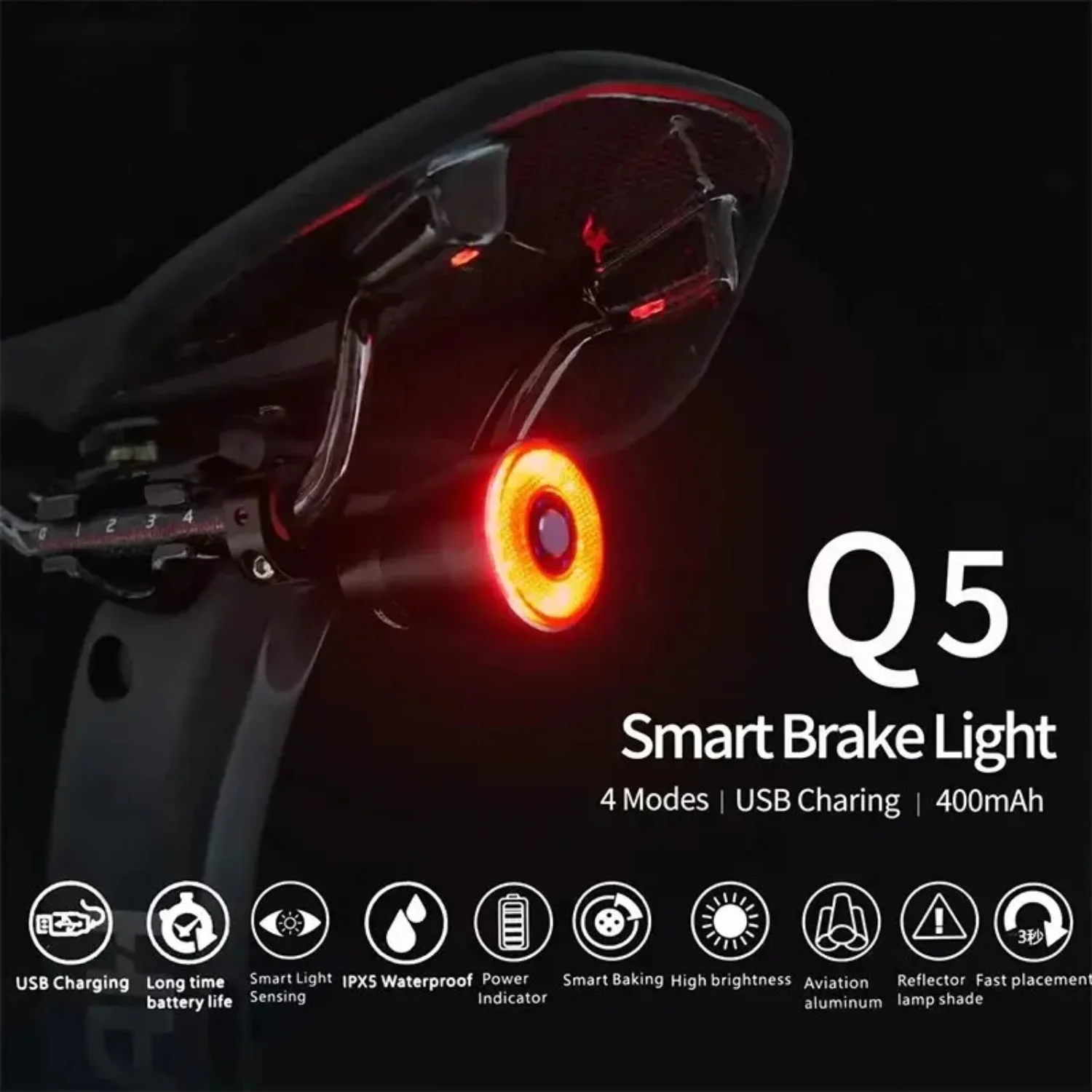 

Bicycle Smart Auto Brake Sensing Light IPx6 Waterproof Charging Cycling Taillight Bike Rear Light Accessories Q5