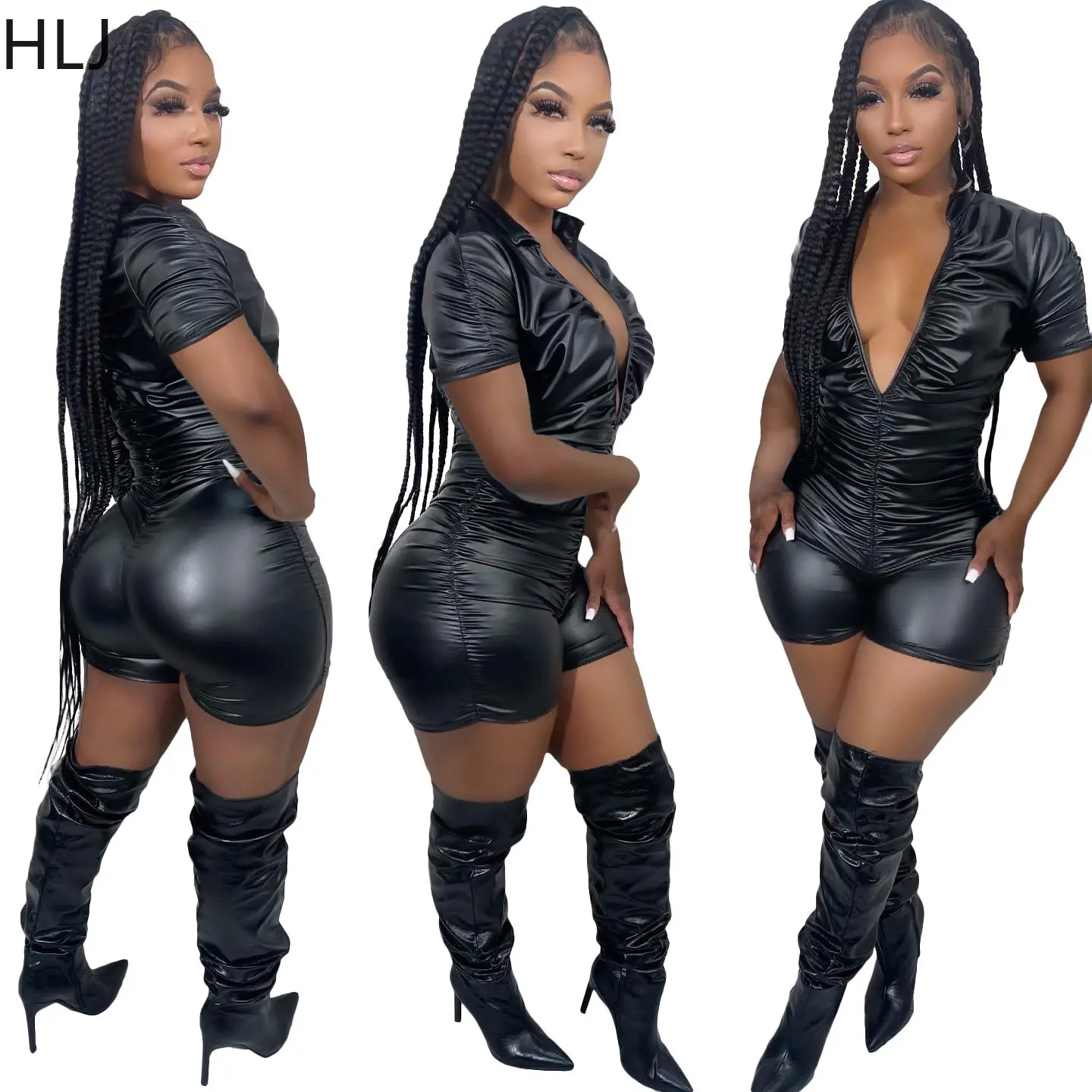 HLJ Black Sexy Deep V Short Sleeve Bodycon Rompers Women Stacking Design Slim Shorts One Piece Jumpsuit Female Nightclub Overall