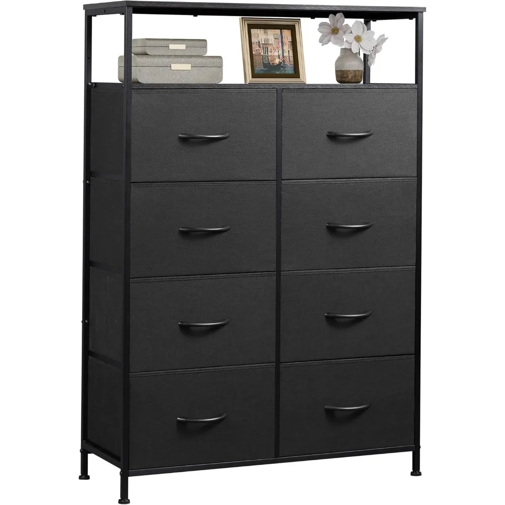 WLIVE Black 8-Drawer Fabric Dresser with Open Shelves Storage Tower Fabric Bins Chest of Drawers For Bedroom Living Room Closet