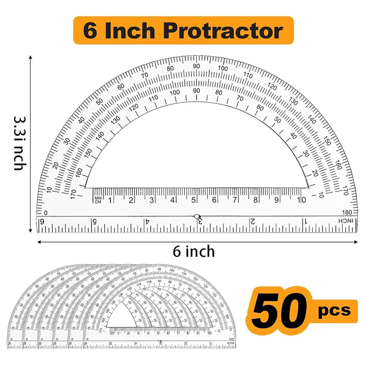 50 Pack Plastic Protractor, 6 Inch Clear Protractor for Geometry, School,