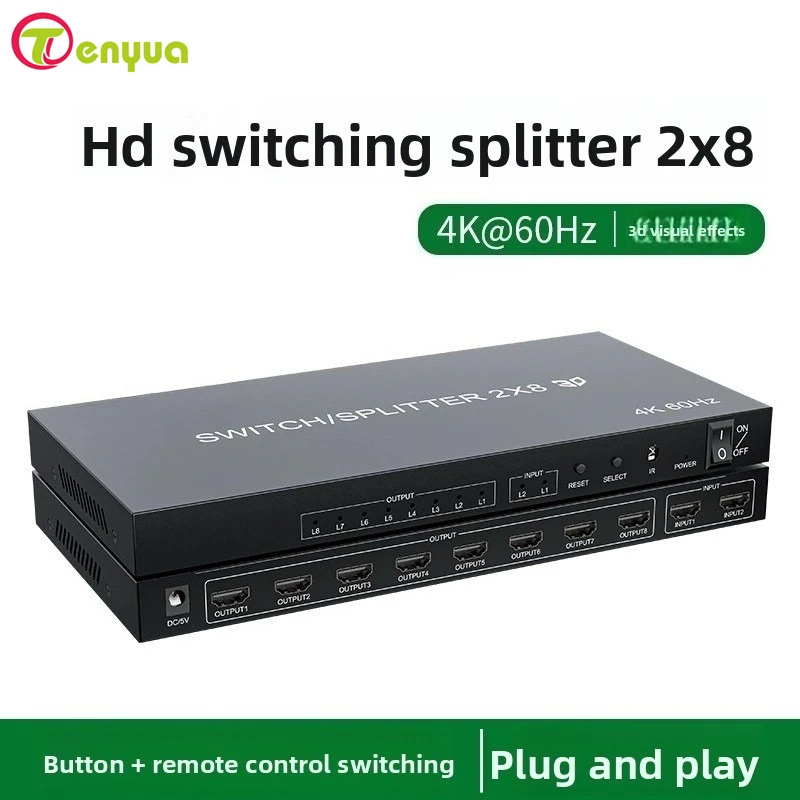 4K 60Hz HD Switch Splitter 2x8 Splitter Switch HD 2 in 8 out Audio Video Switcher for PS3 PC To HDTV Monitor Projector