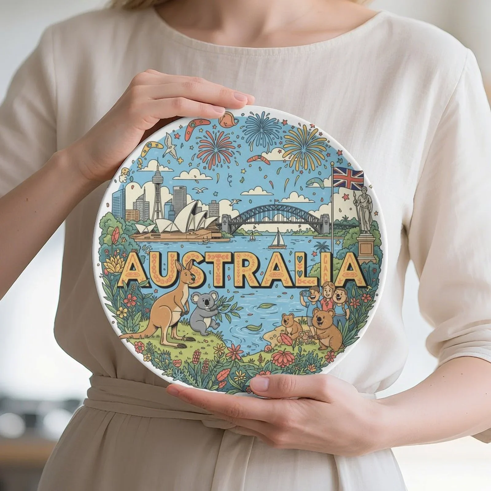 1pc Australia-Themed Plate - Sydney Opera House & Kangaroo Wall Art, Round Decorative Serving Dish with Australian Map Outline
