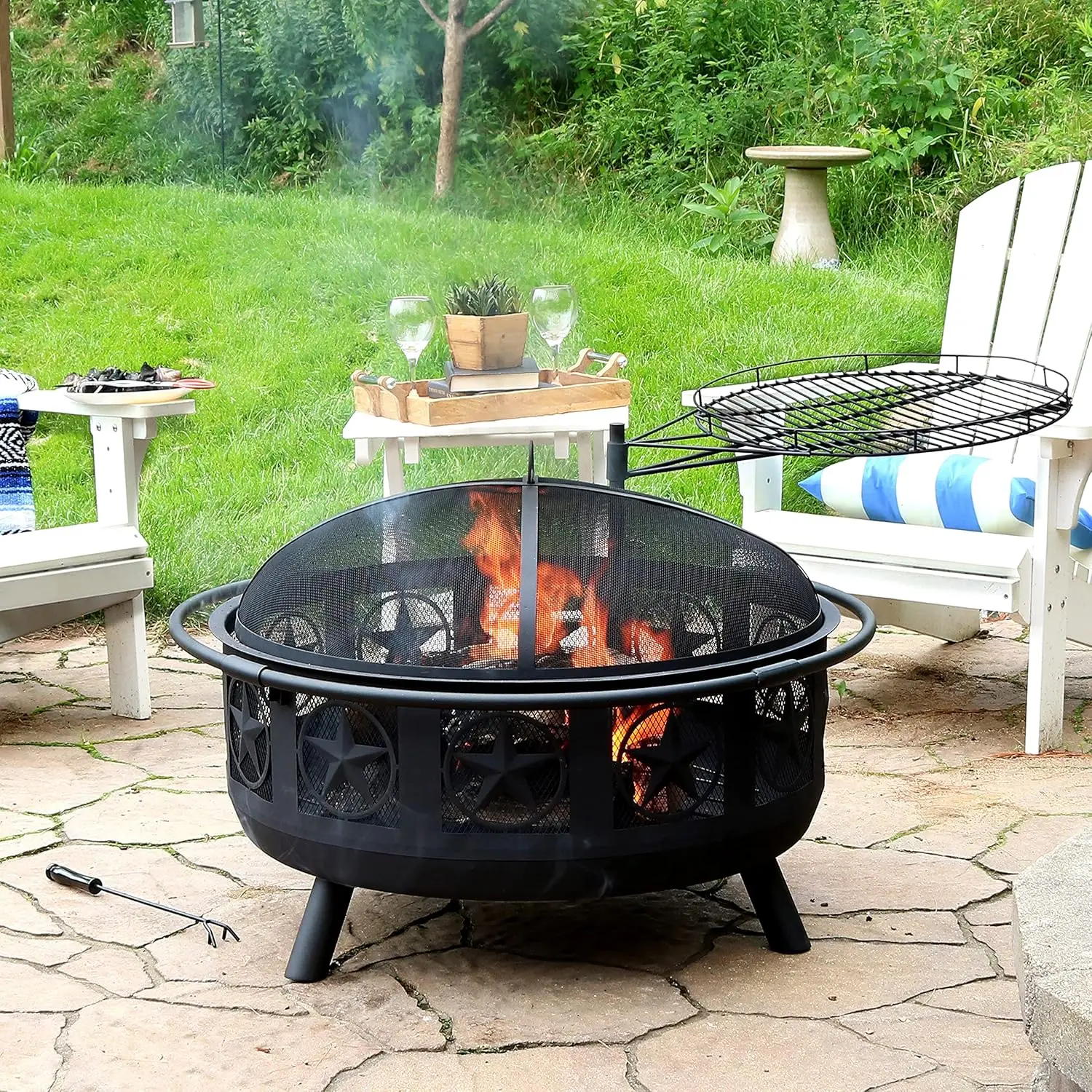 30-Inch Steel All Star Fire Pit Bowl - Black - Includes BBQ Cooking Grate and Spark Screen