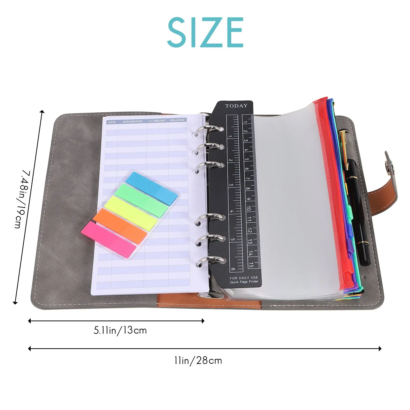 A6 PU Budget Binder with Zipper Envelopes, Widely Used in Home, School and Travel Grey