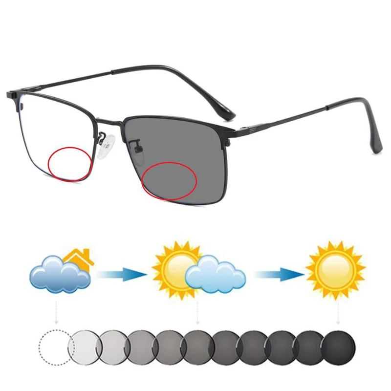 

Новые большие прямоугольные мужские фотохромные бифокальные солнцезащитные очки из титанового сплава для чтения, деловые темные очки для дальнозоркости, солнцезащитные очки