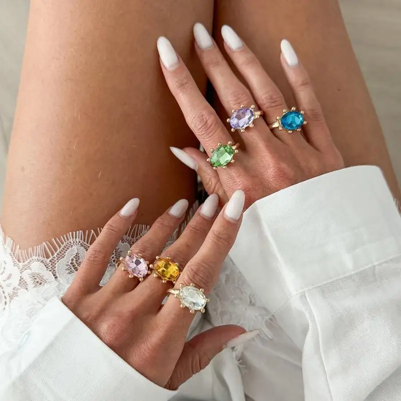 Fashion Geometric Rhinestone Stacking Opening Rings for Women Vintage Colored Gemstone Rings Party Jewelry Gift