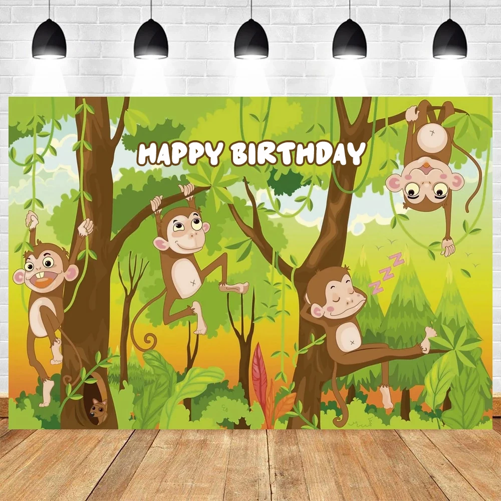 Monkey Theme Birthday Party Baby Shower Green Leaves Bananas Jungle Wild Vinyl Background Baby Shower Kid Room Decor Supplies