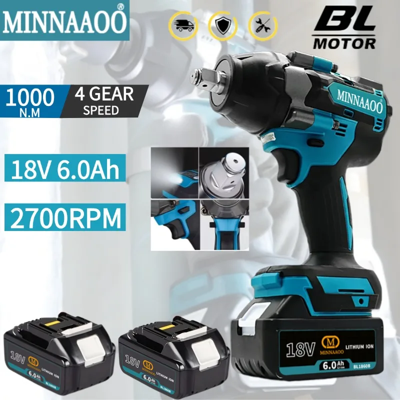 

1000N.M Torque Brushless Electric Impact Wrench 1/2 inch Screwdriver Cordless Wrench Power Tool For Makita 18V Battery Pin