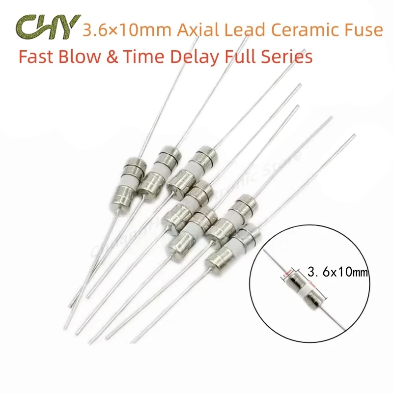 10-200Pcs 3.6X10mm Ceramic Fuse With Pins Fast/Slow Blow Time Delay250V F/T0.5A 1A 2A 3.15A 4A 5A 6.3A 7A 8A 10A 12/15A 20A 25A