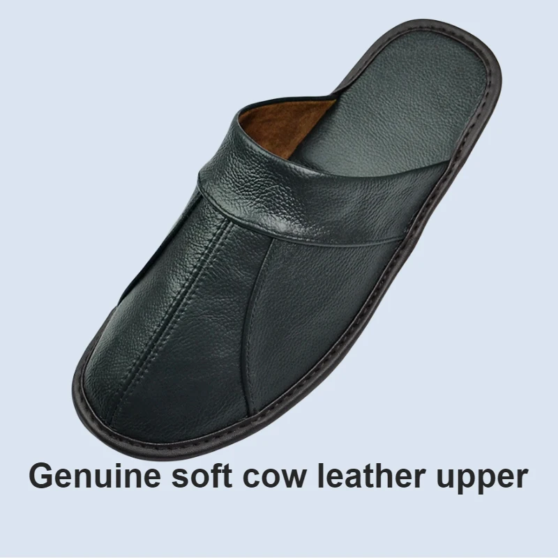 Genuine Cow Leather Slippers Homes in indoor slipper Spring Autumn summer men women elderly non-slip casual single Slides shoes