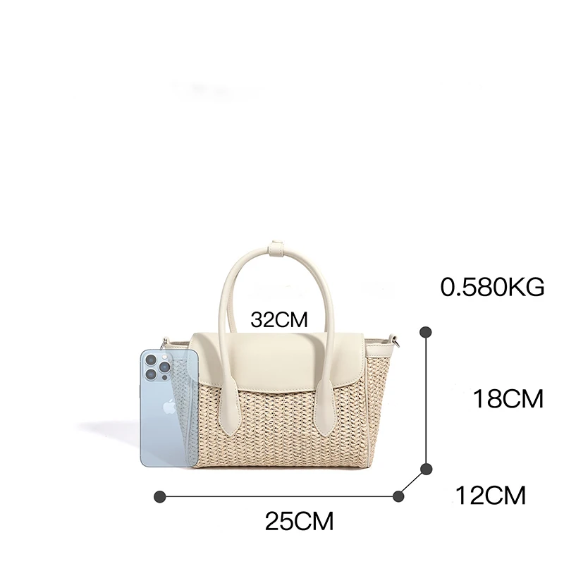 2026 Spring Summer Collection Woven Straw Leather Bucket Tote Bag Handcrafted Patchwork Shoulder Crossbody Purse Boho Commutong