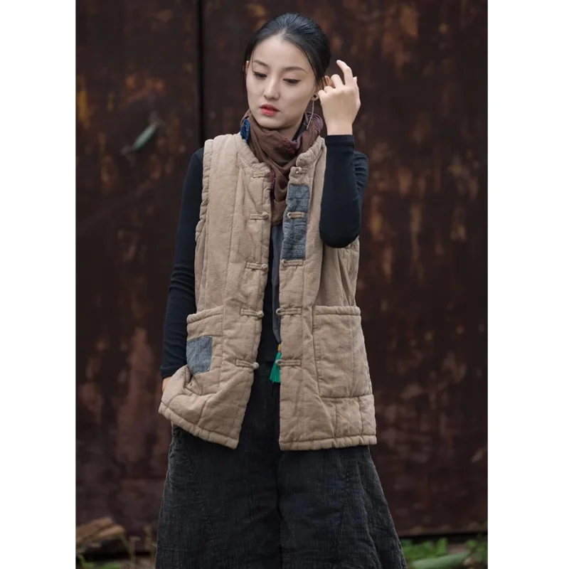 Cotton Linen Autumn and Winter New Women's Clothing Improved Loose Cotton Quilted Warm Color Matching Vest Jacket