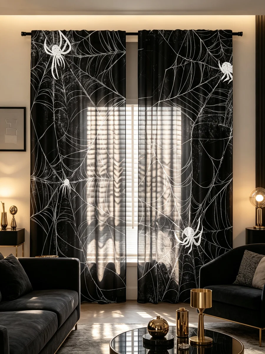 2PCS Modern Spider Web Pattern Sheer Curtains