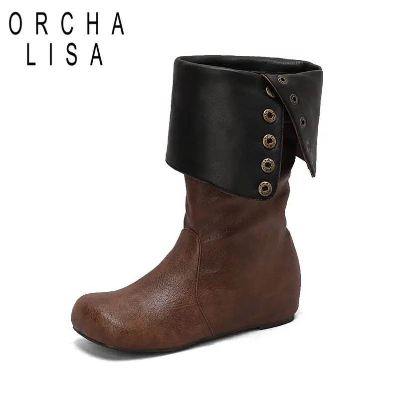 ORCHA LISA2025 Classic Women Mid Calf Boots Round Toe 5cm Wedges Slip On Metal Fitting Large Size 48 49 50 Casual Daily Footwear