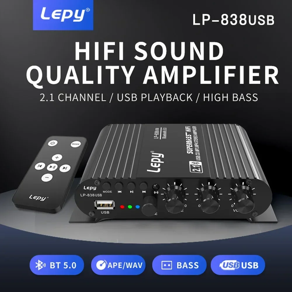 LEPY 838 Bluetooth 5.0 Amplifier Subwoofer HIFI 2.1 Ch 12V Car Home Amp USB Drive Lossless Music Suitable for 4-8 Ohm Speake