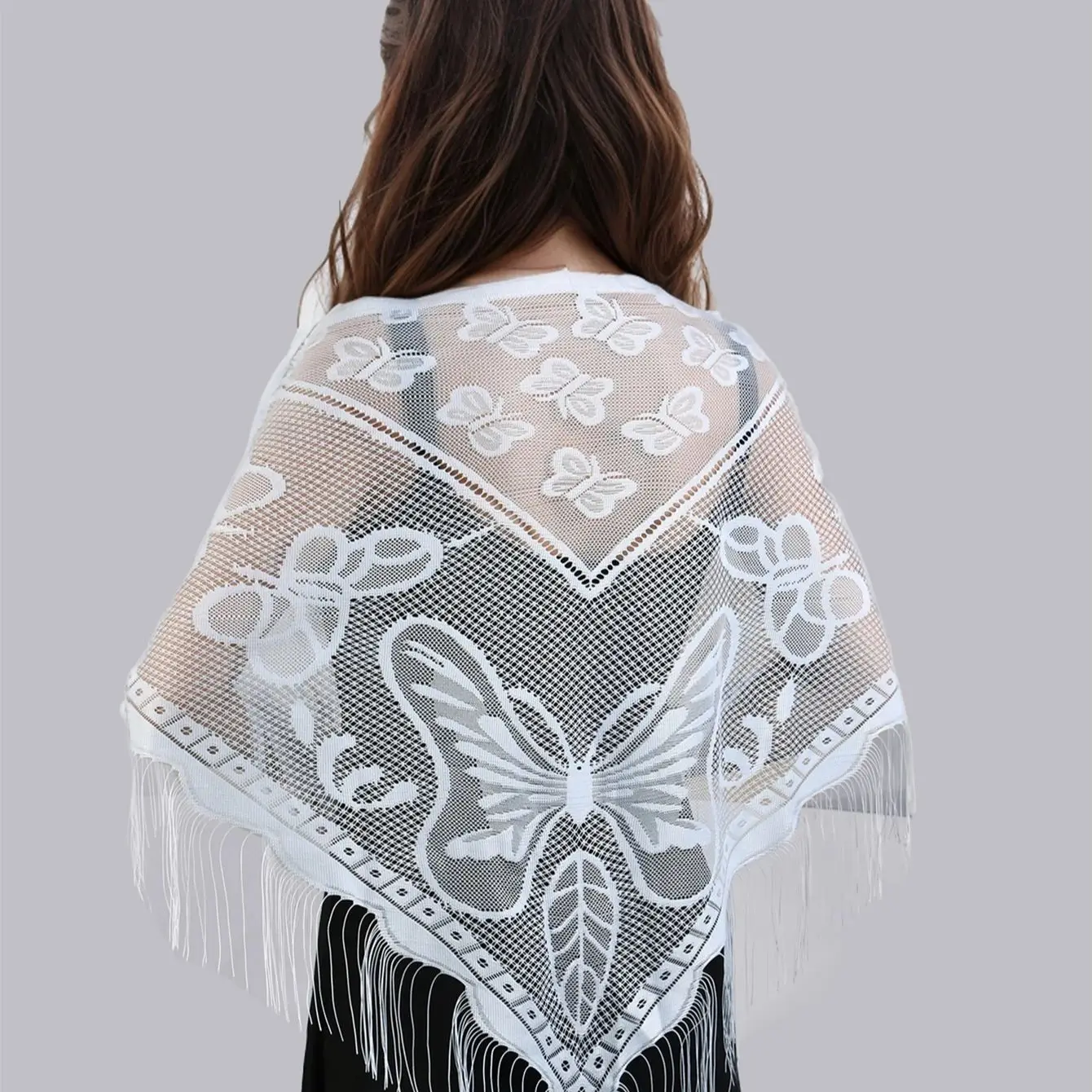 Bufanda con borlas de encaje bordado para mujer, chal con flecos triangulares, chales de Color sólido, hiyab de oración ligero a la moda, velos