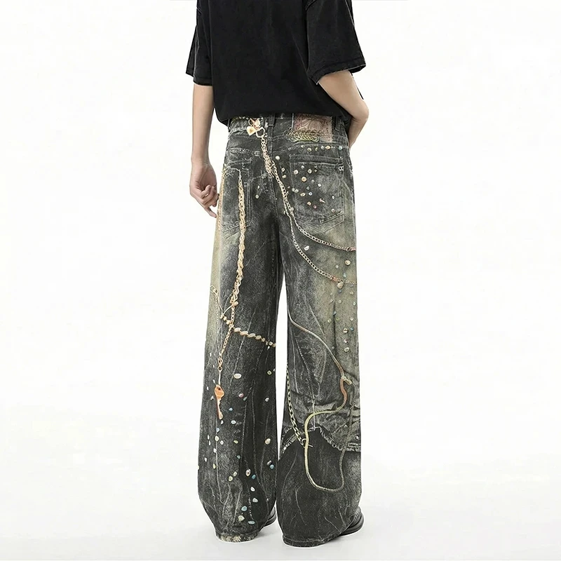 Avant-Garde Men's Jeans Metal Chain Rhinestone Printting Embellished Washed Black Wide Leg Fit Streetwear Pants view 4