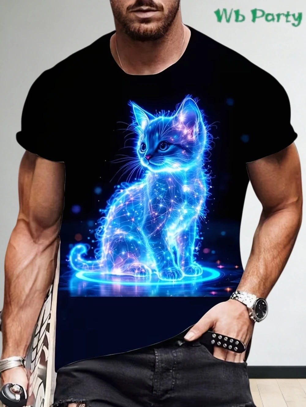 Men's 3D Cat Pattern T-Shirt - Bright Neon Cool Animal Print Street Short Sleeved Round Neck Casual Summer Men's Y2k T-Shirts