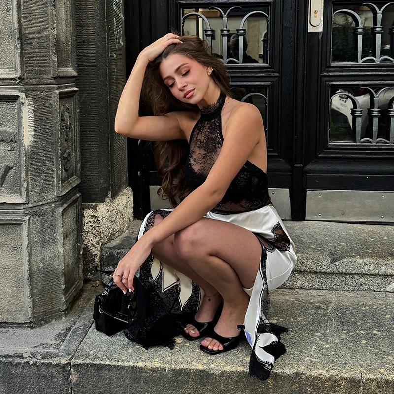 Rückenfreies Neckholder-Maxikleid aus Spitze, sexy, halbtransparent, mit hohem Seitenschlitz, ärmellos, Midi-Kleider, elegante Abend- und Ballkleider für Damen – Detail 8