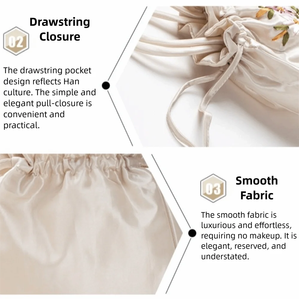 Embroidered Flower Pattern Women Bucket Bag National Style Phone Bag Ladies Handbag Dacron Small Drawstring Bag Daily Use