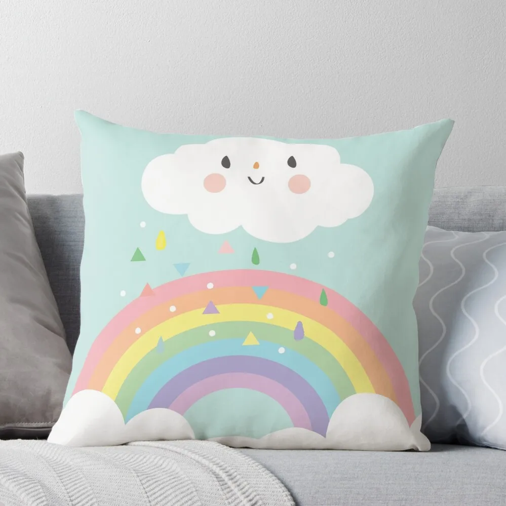 

Rainbow Happy Little Cloud Pastel Rain and Sunshine Baby Nursery Art Print Canvas Design Throw Pillow bed pillows Sofa Cushions