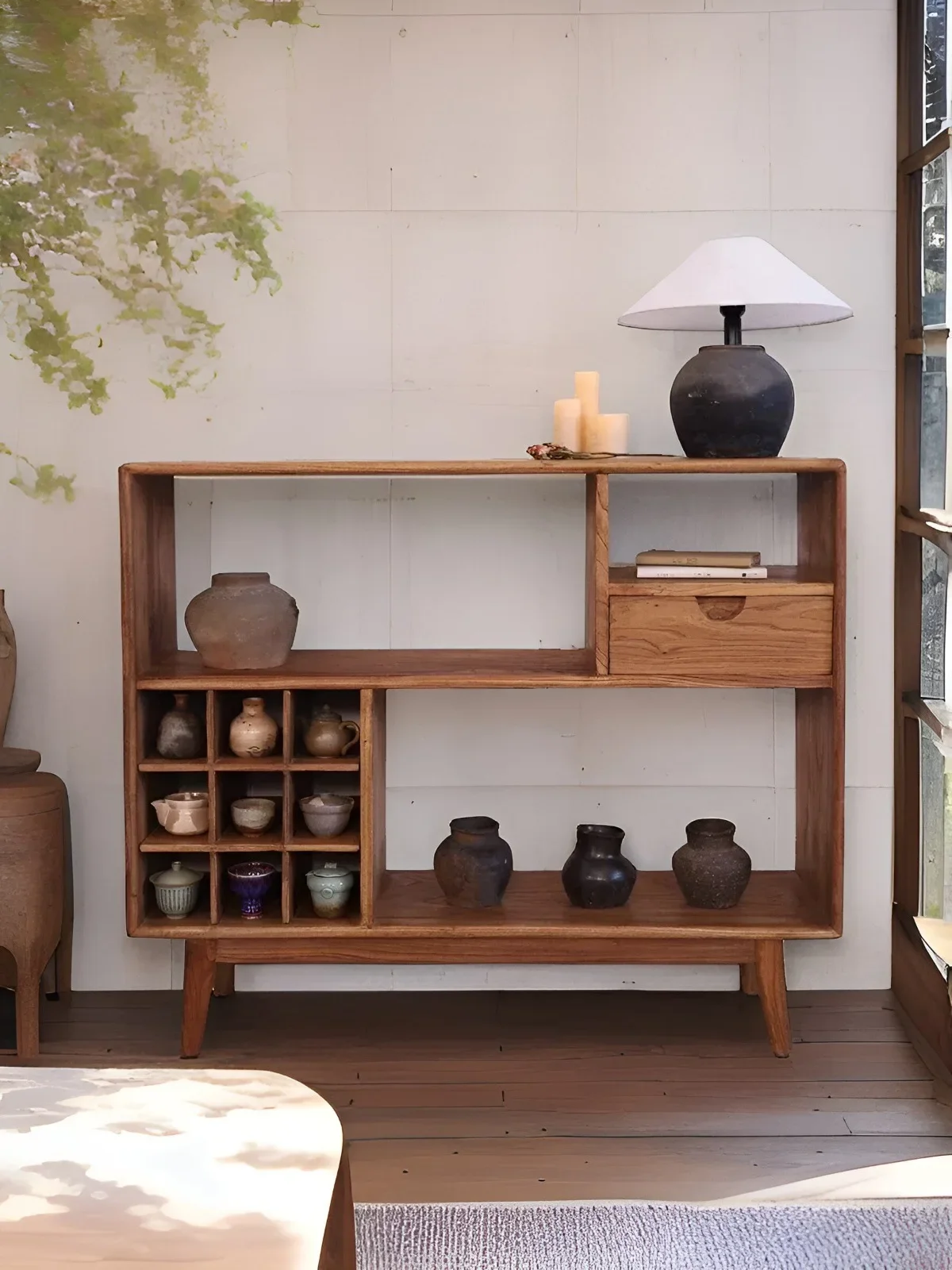 For Wabi Sanfeng Solid Wood Entrance Rack Low Side Cabinet Bogu Shelf Teacup Display Stand for Tea Room Homestay Foyer