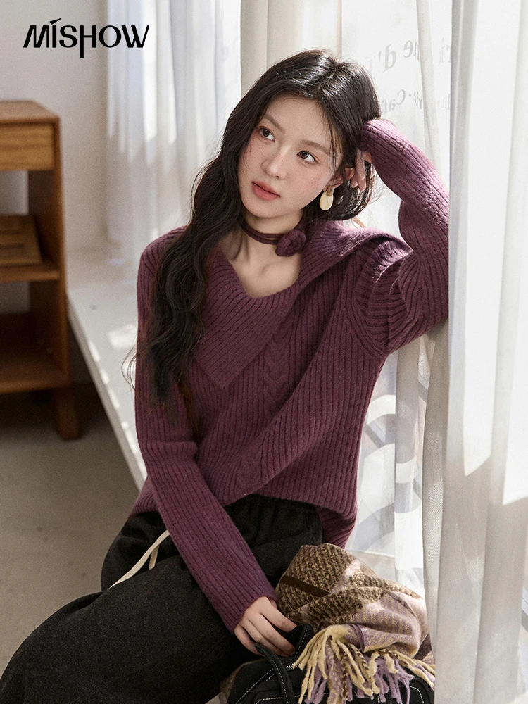 

MISHOW асимметричный свитер с воротником с лацканами, женский зимний свитер 202, романтический фиолетовый вязаный свитер со съемным шейным ремешком и цветком MXE90Z2820