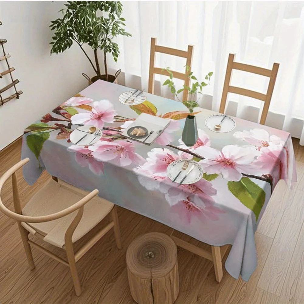 1 Washable Tablecloth, Available in Multiple Sizes, Featuring a Cherry Blossom Branch with Pink Petals Design. Perfect for Holiday Gatherings and Everyday Dining, It Is an Ideal Choice for Both Indoor and Outdoor Celebrations as Well as Home Decor