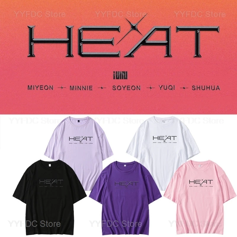 GIDLE HEAT T-shirt Women Men Summer 100% Cotton Tee Kpop MIYEON MINNIE SOYEON YUQI SHUHUA Same T Shirt Korean Popular Clothes