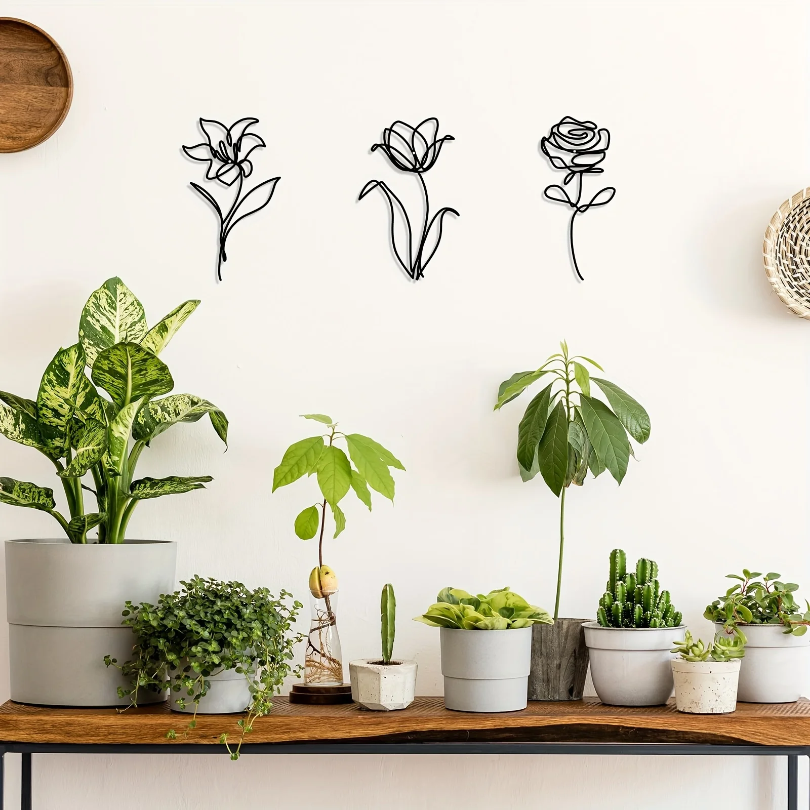 3 Pieces of Black Metal Wall Decor, Wire Flowers, Cute Floral Wall Carvings, Minimalist Wall Art, Iron Material Flower Silhouettes Add a Touch of Color to the Living Room, Kitchen, Bedroom, Bathroom, and Terrace, a Unique Christmas Gift.