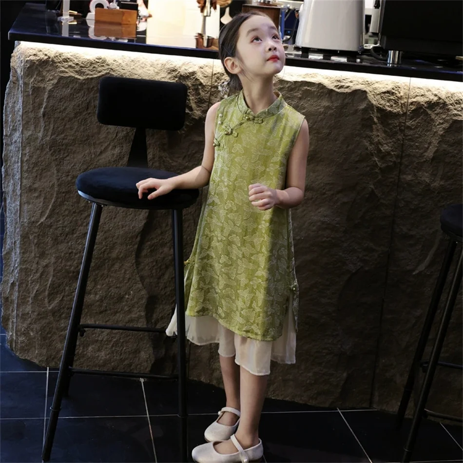 Girls Butterfly Print Fresh Green New Chinese Style Dress Summer Thin Cheongsam Children Frog Buttons Birthday Princess Frocks