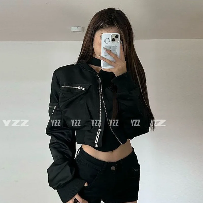 New in Jackets Women Baseball Jersey Zip Cropped Coat High Waist Slim Short Coat Spring Autumn Long Sleeve Outerwear Tops Black