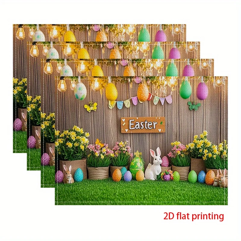 1PC Easter Bunny & Egg Design Square Placemats - 2D Flat Linen Tableware Mats with Coffee Table Pad & Bowl Plate Mat