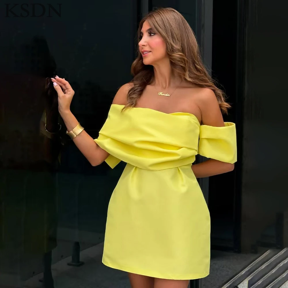 

Simple Evening Dresses for Special Occasion Off the Shoulder Above-Knee Pleat Sleeveless Gowns Customzied Chic Pron Dress