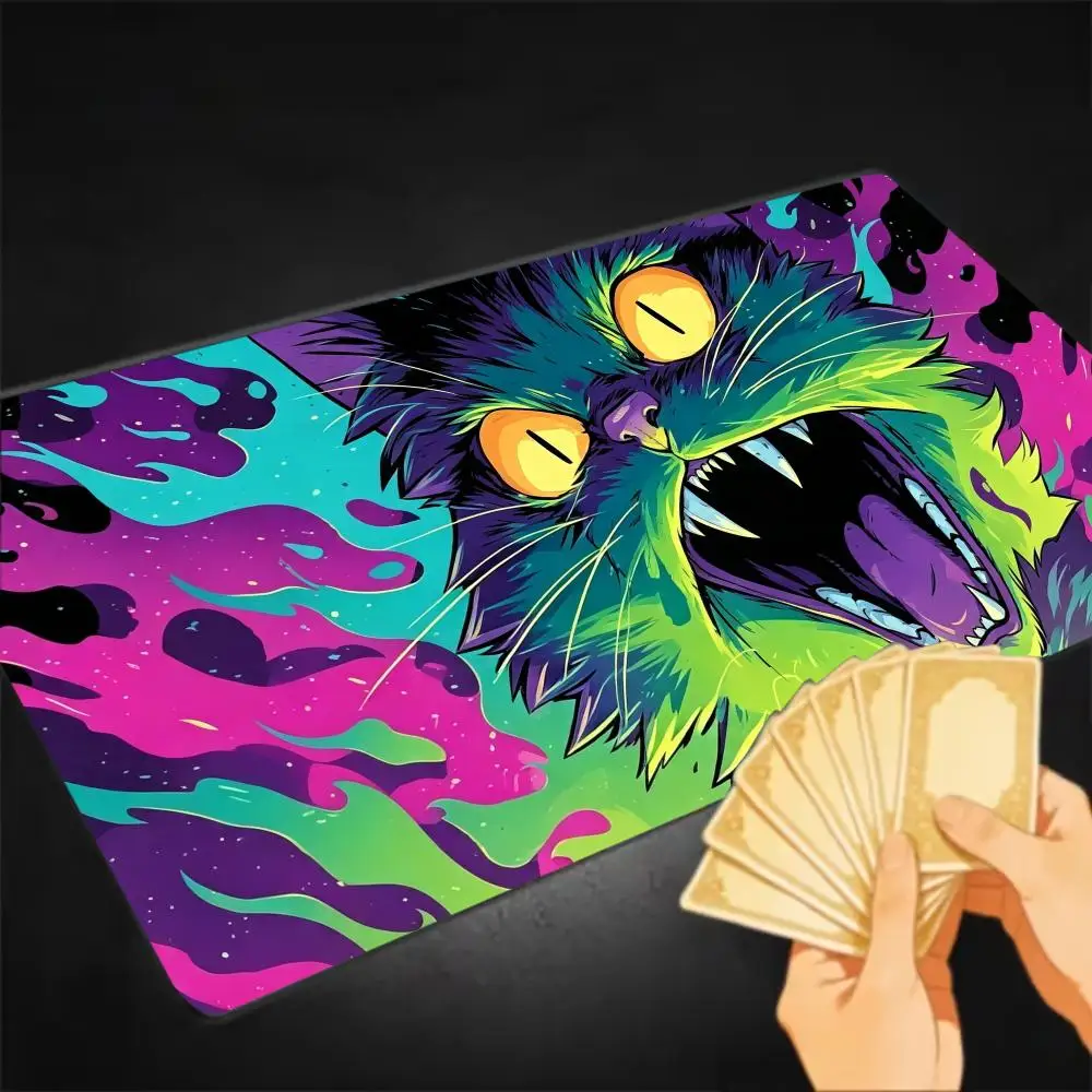 Vibrant Neon Pop Art Fierce Black Cat Game Play Mat Smooth Thick Rubber Base For Card Tabletop Gaming And Computer Desk Setup